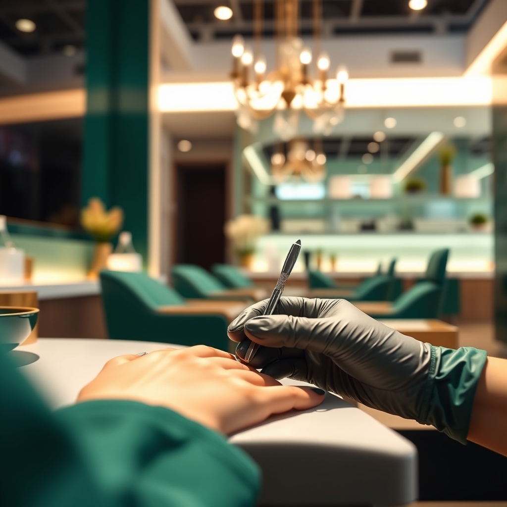 Emerald salon interior with gold accents