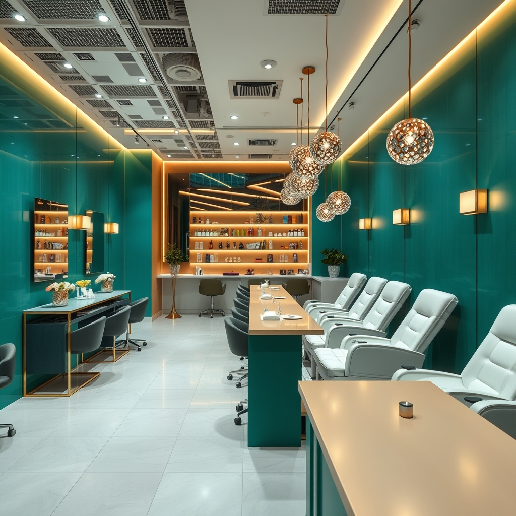 Elegant emerald nail salon interior with gold lighting